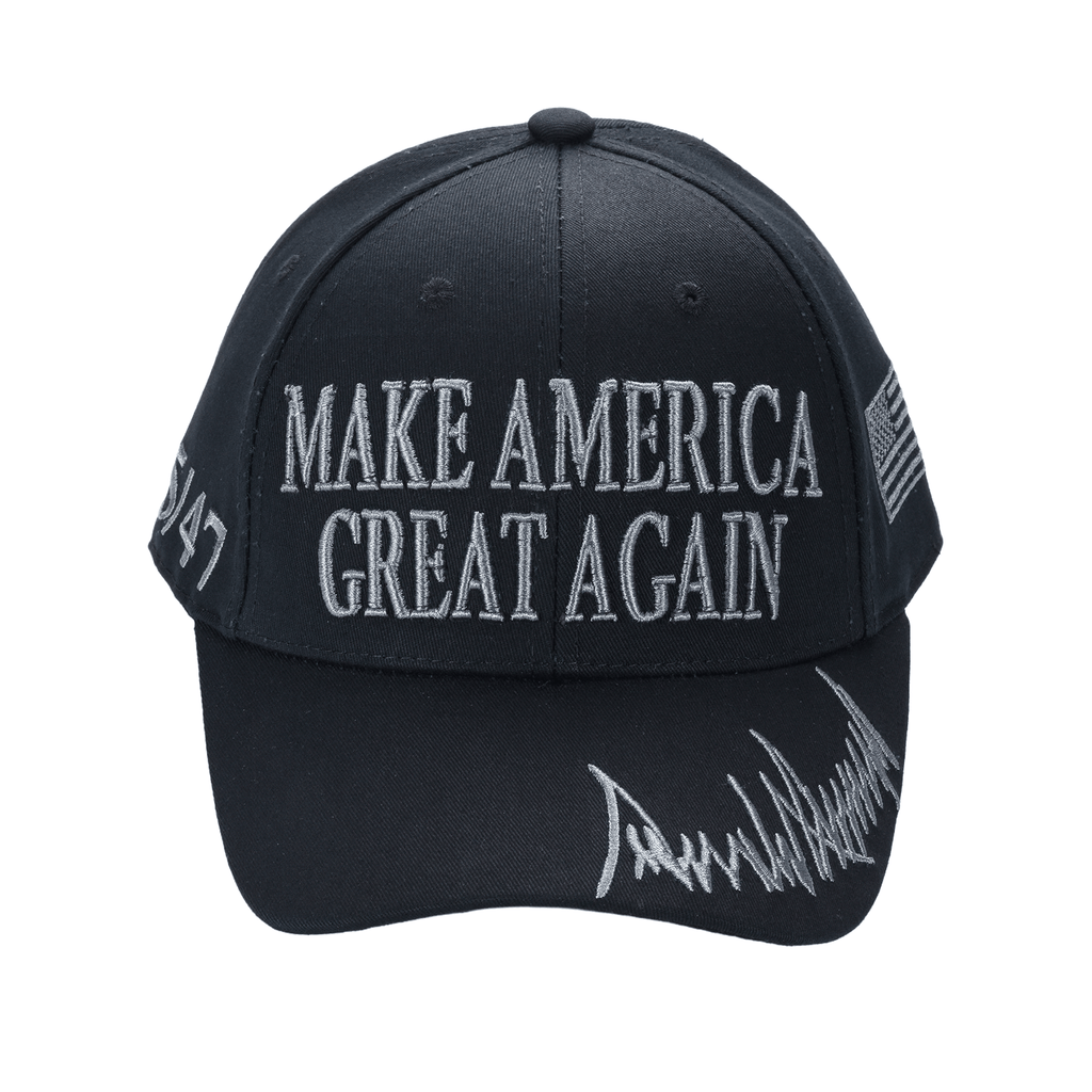 Black MAGA Trump Cap – Classic All-Black Hat with Silver/Gray Embroidery, Adjustable Dad Hat