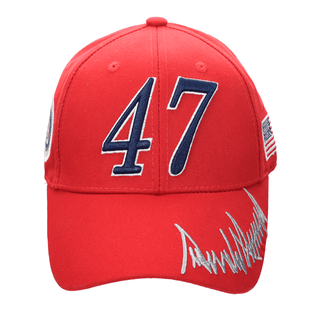 Trump 47 Cap – Red Cotton Twill Embroidered MAGA Hat with Presidential Seal, USA Flag & Signature